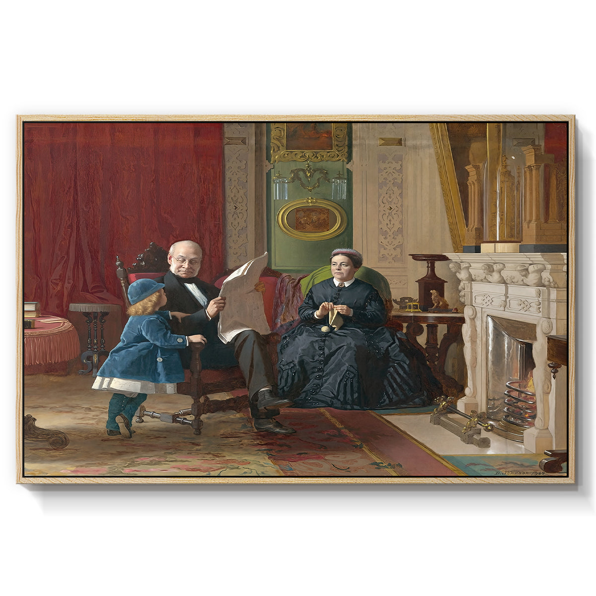 The Brown Family, 1869 by Eastman Johnson in a natural wood floater framed canvas wall art display.