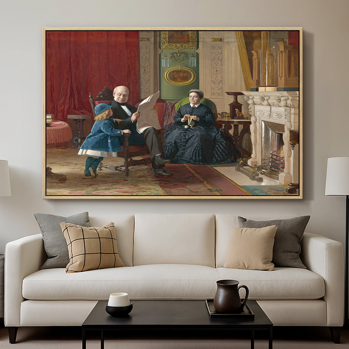 The Brown Family, 1869 by Eastman Johnson displayed in a natural wood floater framed canvas above a sofa in a clean living room.