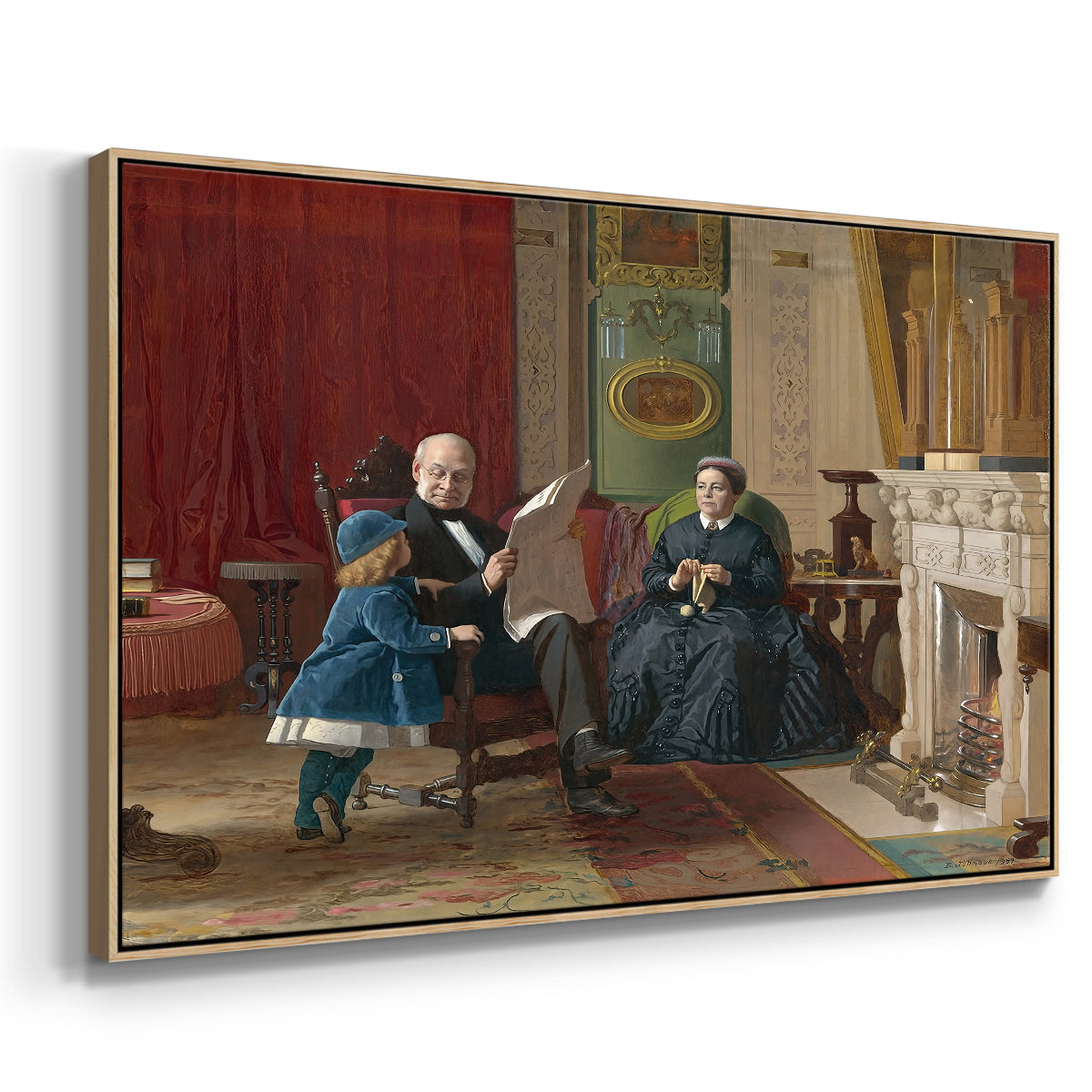 Angled view of The Brown Family, 1869 by Eastman Johnson in a natural wood floater framed canvas.