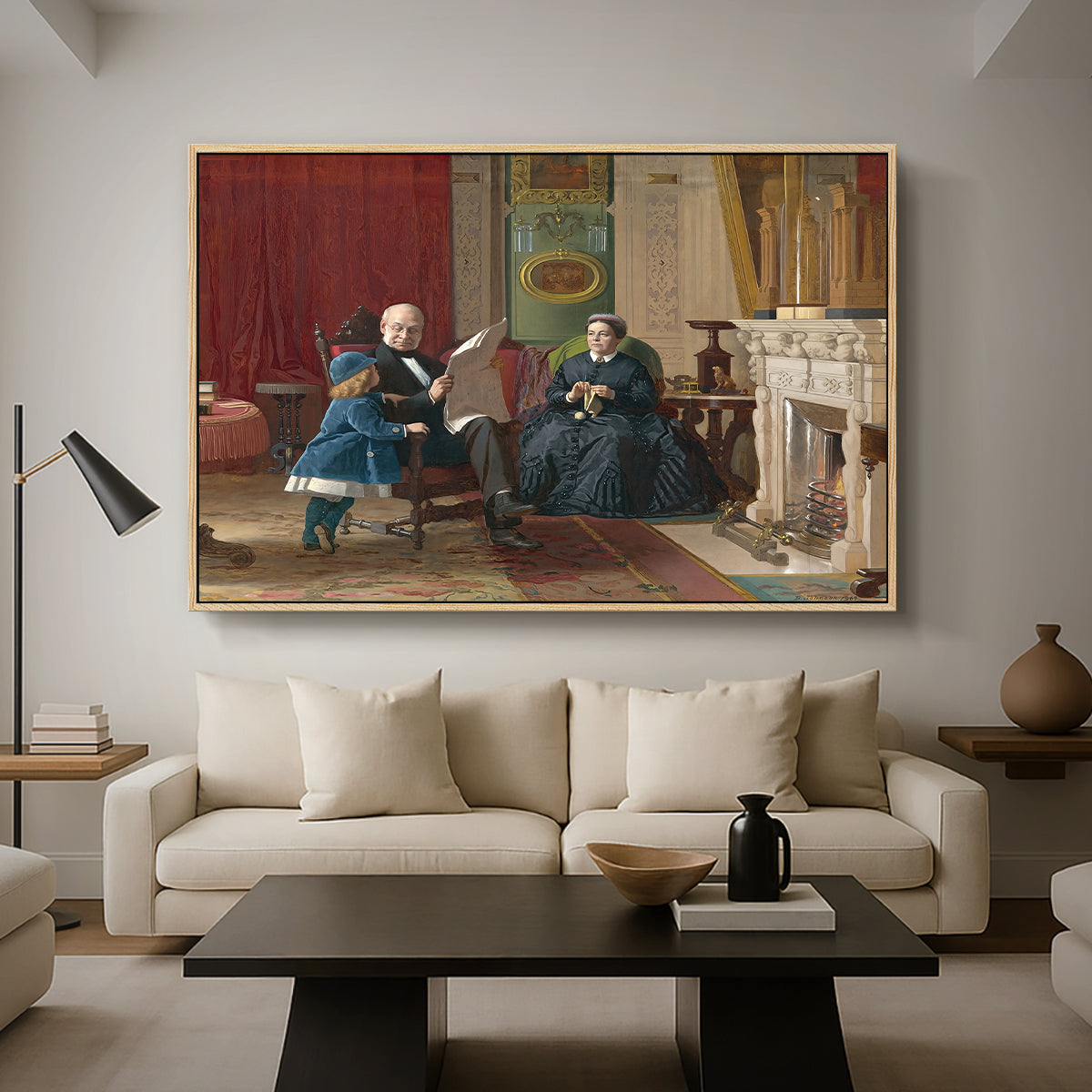 The Brown Family, 1869 by Eastman Johnson as a natural wood floater framed canvas featuring a family seated together in interior room engaged in quiet activity, displayed above a sofa in a modern living room.