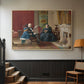 Natural wood floater framed canvas featuring a family group portrait with warm interior tones, displayed in a hallway near a staircase.