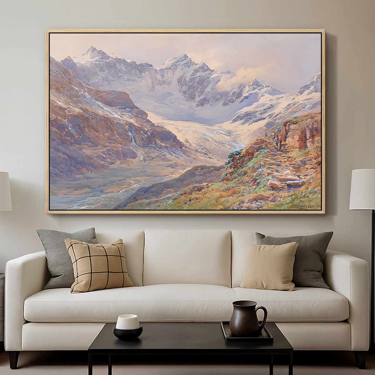 Odenwinklkees with the Johannisberg, 1902 by Edward Theodore Compton displayed in a natural wood floater framed canvas above a sofa in a clean living room.