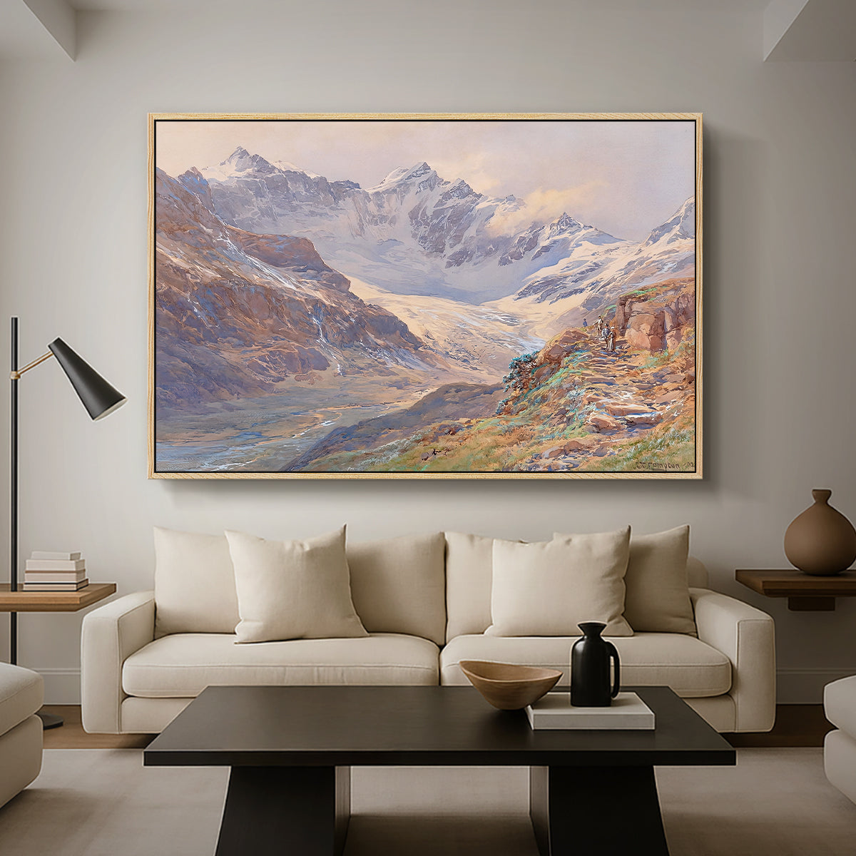 Odenwinklkees with the Johannisberg, 1902 by Edward Theodore Compton as a natural wood floater framed canvas featuring an alpine glacier landscape with rugged peaks and snow-covered terrain, displayed above a sofa in a modern living room.