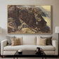 High Mountain Study, c. 1870 by Edward Theodore Compton displayed in a natural wood floater framed canvas above a sofa in a clean living room.