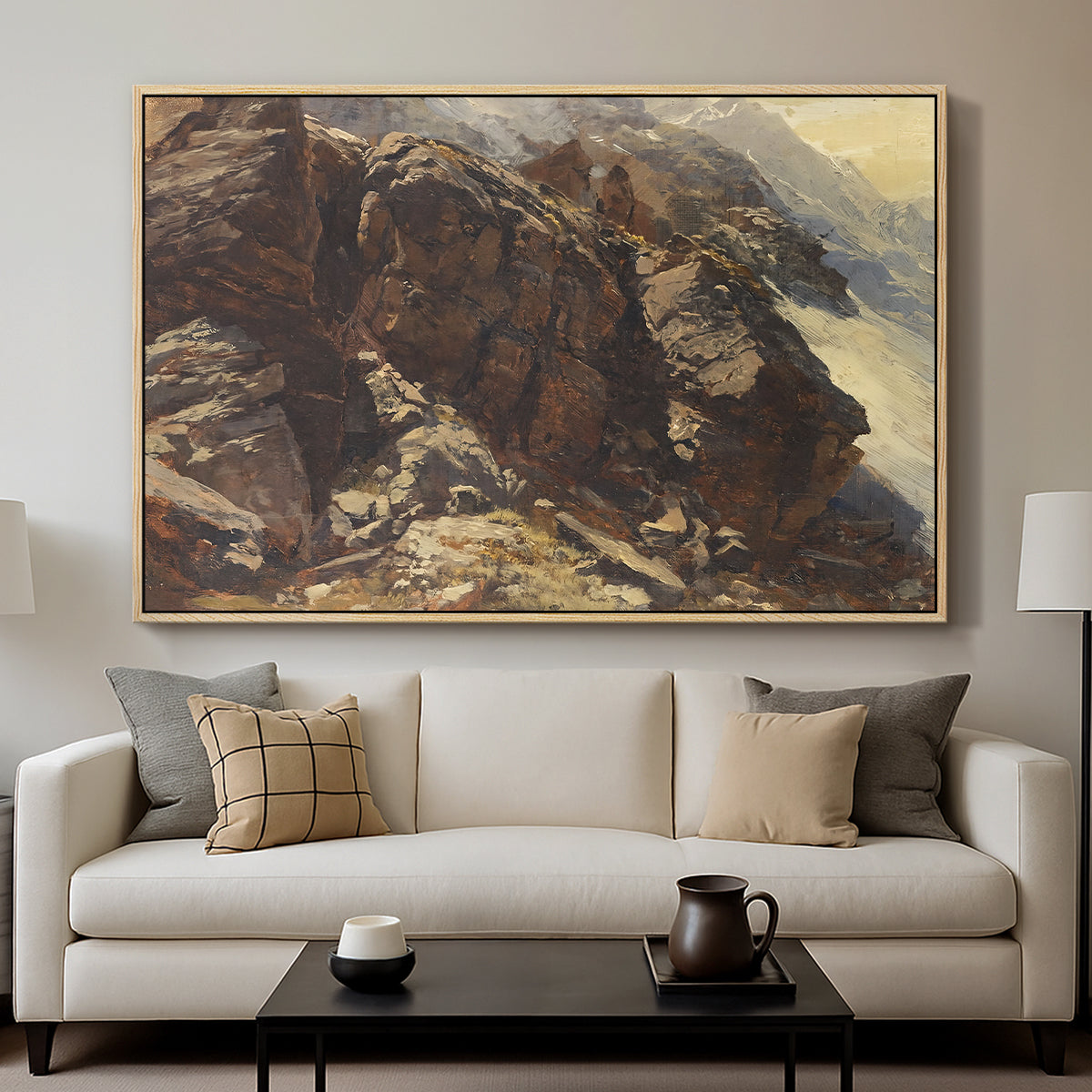 High Mountain Study, c. 1870 by Edward Theodore Compton displayed in a natural wood floater framed canvas above a sofa in a clean living room.