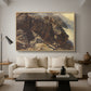 High Mountain Study, c. 1870 by Edward Theodore Compton as a natural wood floater framed canvas featuring a rocky alpine terrain with steep slopes and distant mountain peaks, displayed above a sofa in a modern living room.