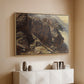 Natural wood floater framed canvas of High Mountain Study, c. 1870 by Edward Theodore Compton, featuring a detailed study of rugged mountain landscape with sharp contours above a console cabinet in a minimalist entryway.