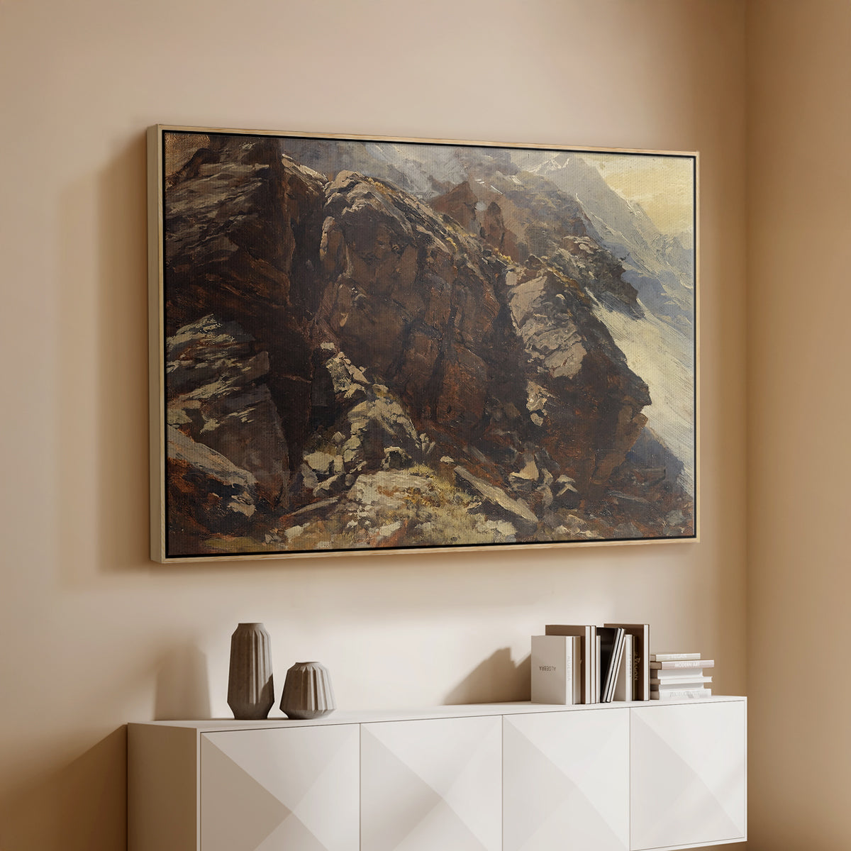 Natural wood floater framed canvas of High Mountain Study, c. 1870 by Edward Theodore Compton, featuring a detailed study of rugged mountain landscape with sharp contours above a console cabinet in a minimalist entryway.
