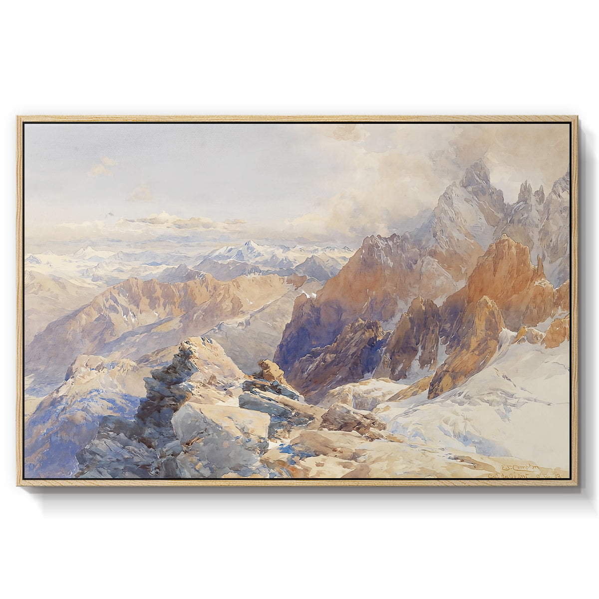 Col du Géant, 1903 by Edward Theodore Compton in a natural wood floater framed canvas wall art display.