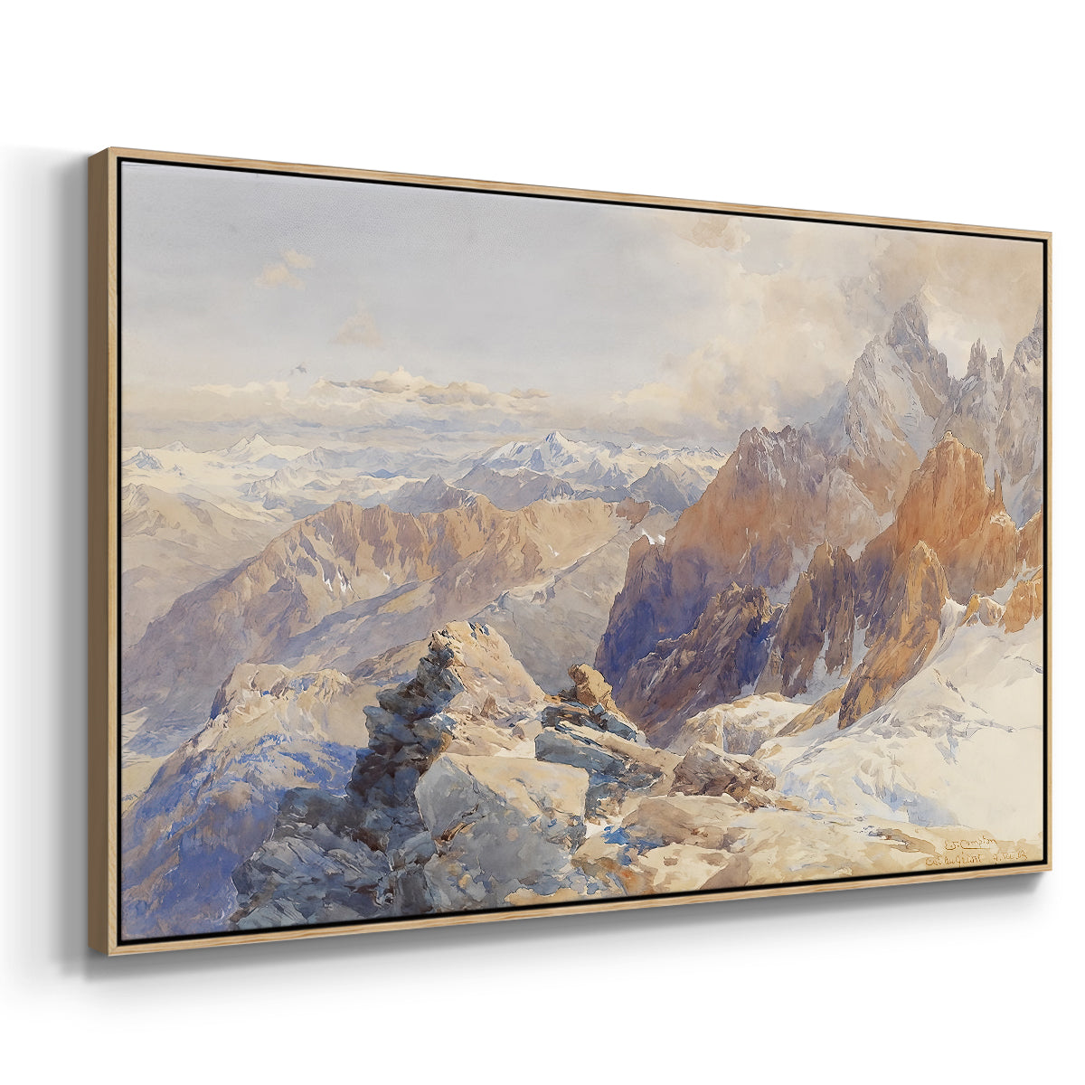 Angled view of Col du Géant, 1903 by Edward Theodore Compton in a natural wood floater framed canvas.