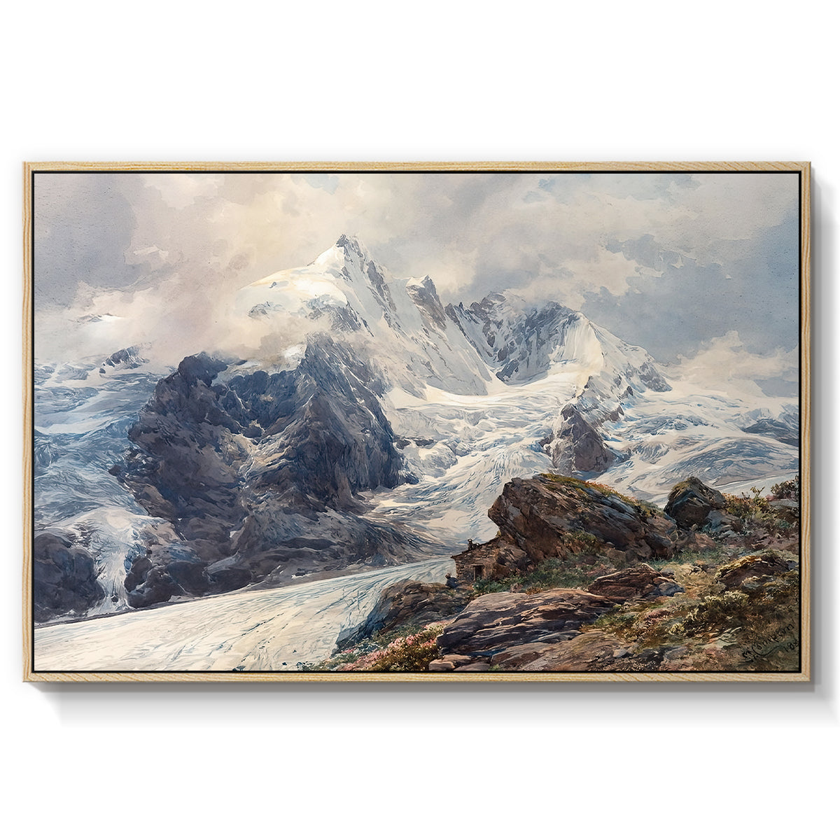 The Grossglockner, 1880 by Edward Theodore Compton in a natural wood floater framed canvas wall art display.