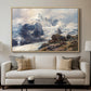The Grossglockner, 1880 by Edward Theodore Compton displayed in a natural wood floater framed canvas above a sofa in a clean living room.