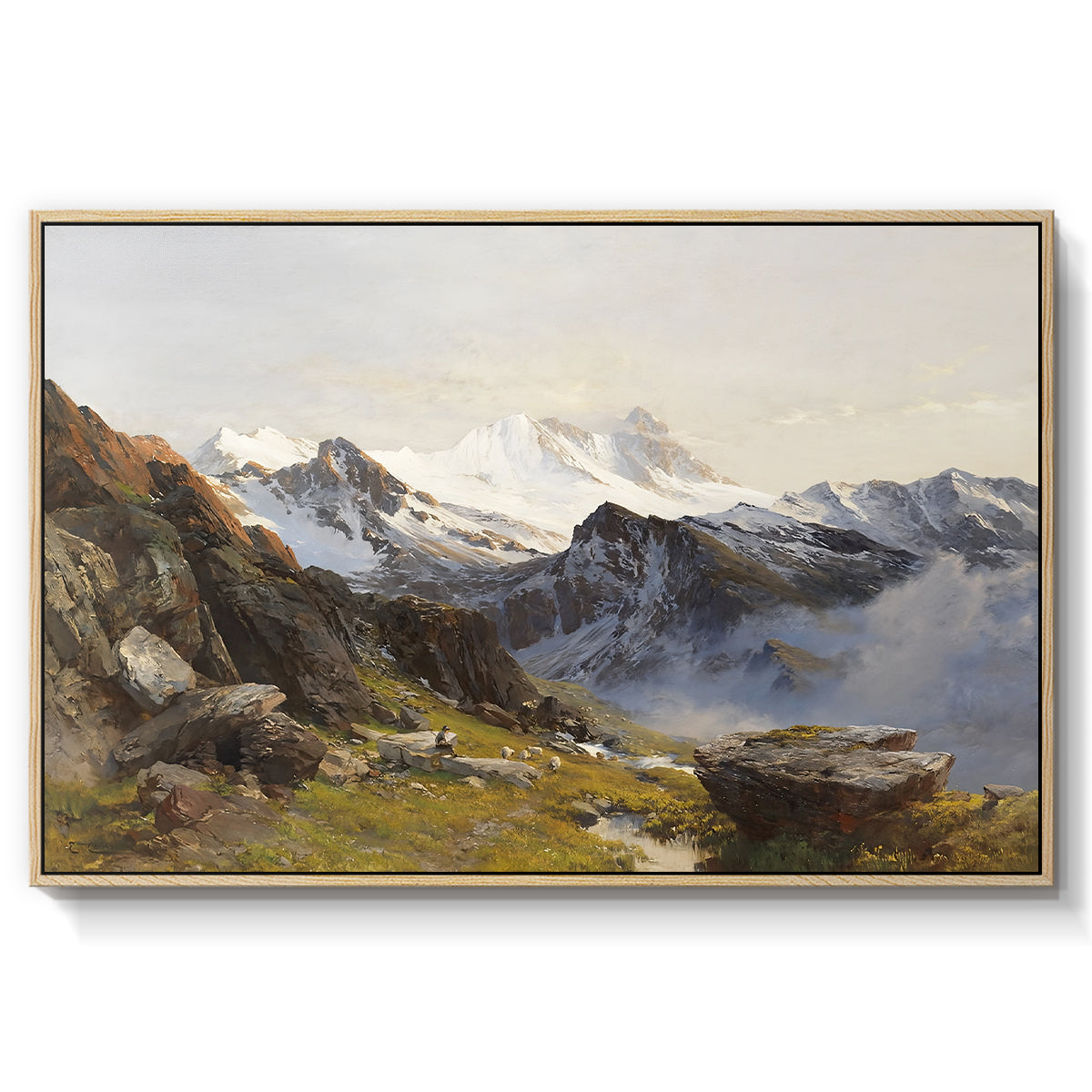 The Großglockner from the Prager Hut, 1890 by Edward Theodore Compton in a natural wood floater framed canvas wall art display.