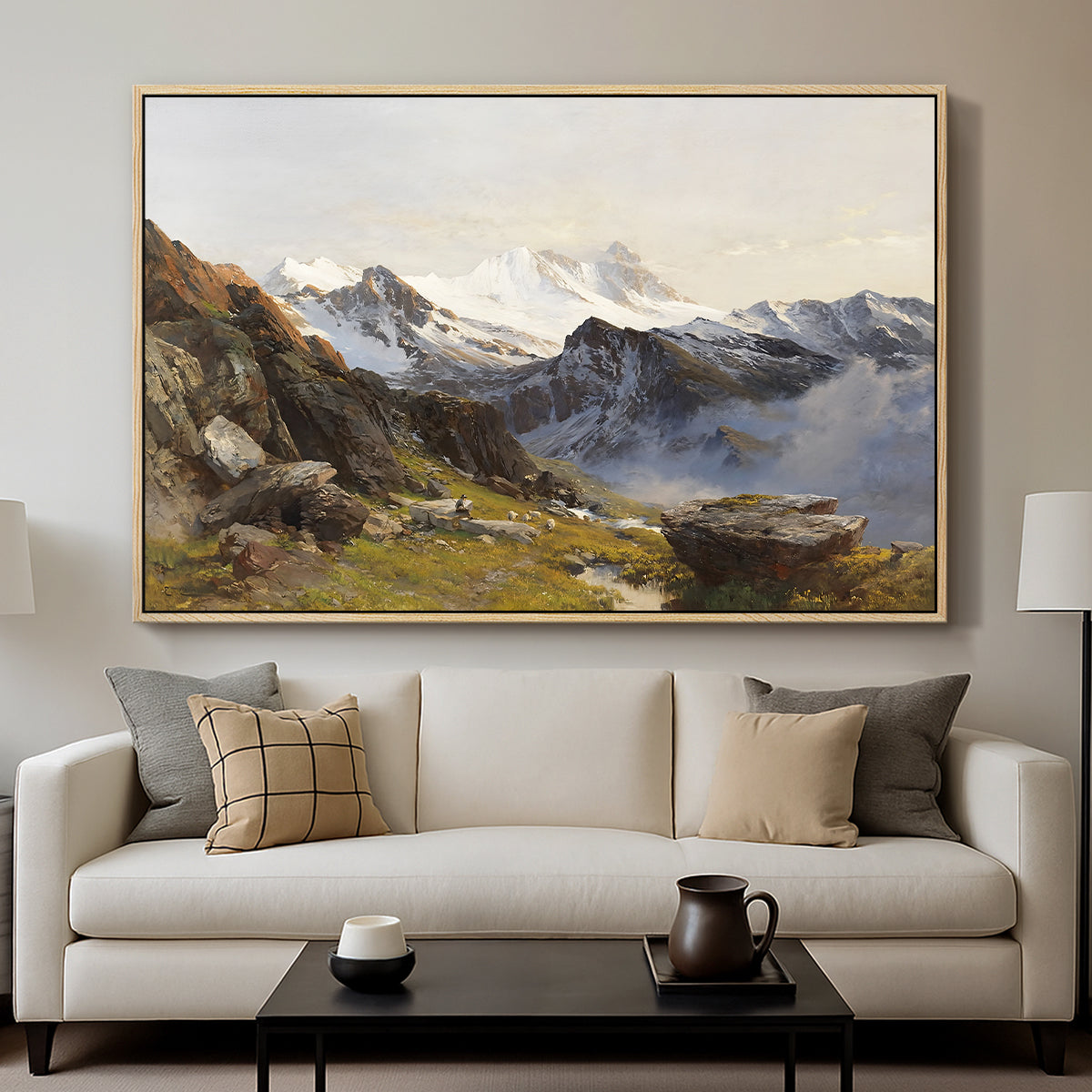 The Großglockner from the Prager Hut, 1890 by Edward Theodore Compton displayed in a natural wood floater framed canvas above a sofa in a clean living room.