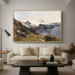 The Großglockner from the Prager Hut, 1890 by Edward Theodore Compton as a natural wood floater framed canvas featuring a view of Großglockner peak from alpine hut overlooking valley, displayed above a sofa in a modern living room.