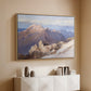 Natural wood floater framed canvas of Hoher Göll from Watzmann-Hocheck, 1919 by Edward Theodore Compton, featuring an alpine panorama showing layered peaks and valleys above a console cabinet in a minimalist entryway.