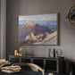 Hoher Göll from Watzmann-Hocheck, 1919 by Edward Theodore Compton in a natural wood floater framed canvas featuring a high vantage point overlooking rugged mountain terrain, displayed above a desk in a dark home office interior.