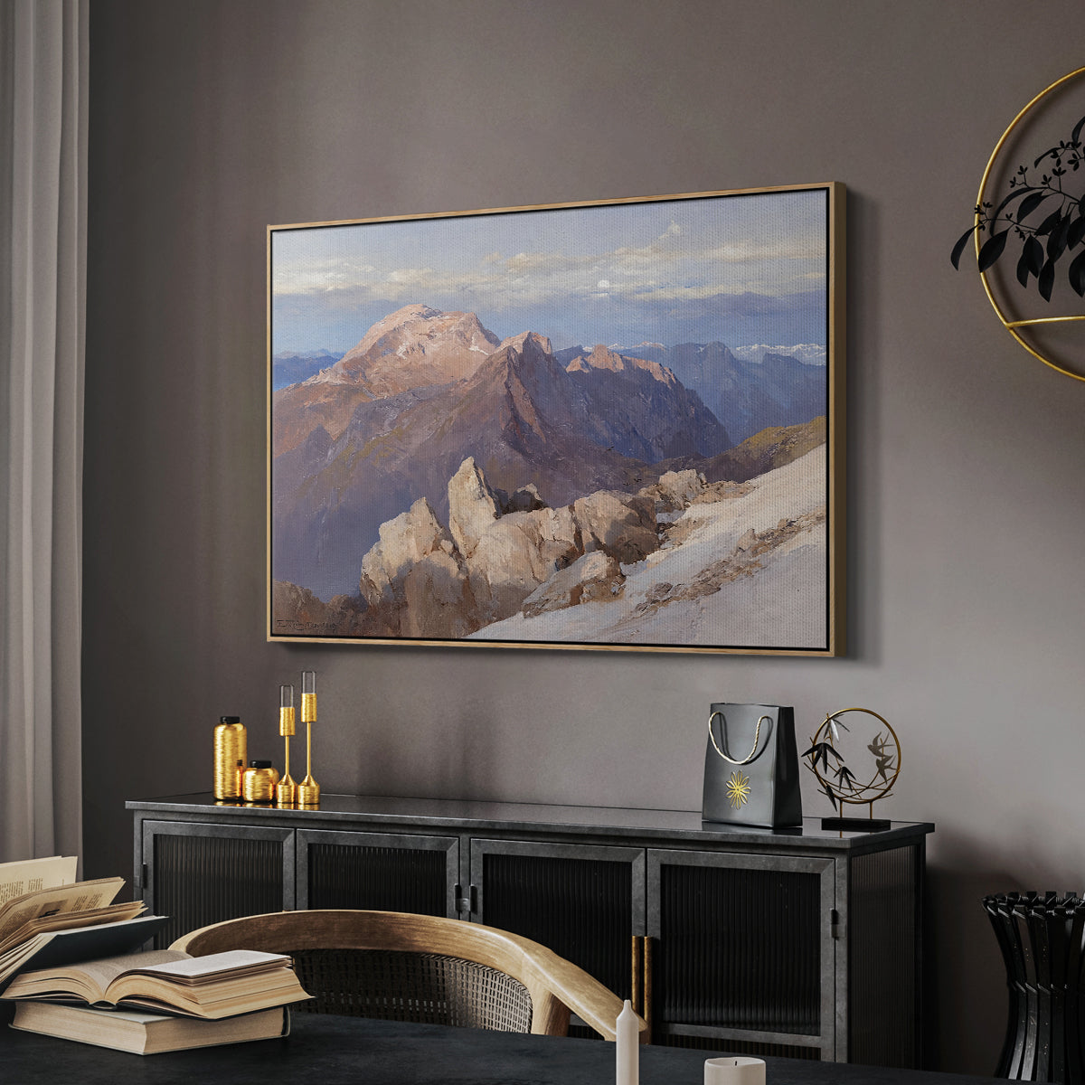 Hoher Göll from Watzmann-Hocheck, 1919 by Edward Theodore Compton in a natural wood floater framed canvas featuring a high vantage point overlooking rugged mountain terrain, displayed above a desk in a dark home office interior.