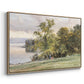 Angled view of Landscape at Lake Starnberg, 1890 by Edward Theodore Compton in a natural wood floater framed canvas.