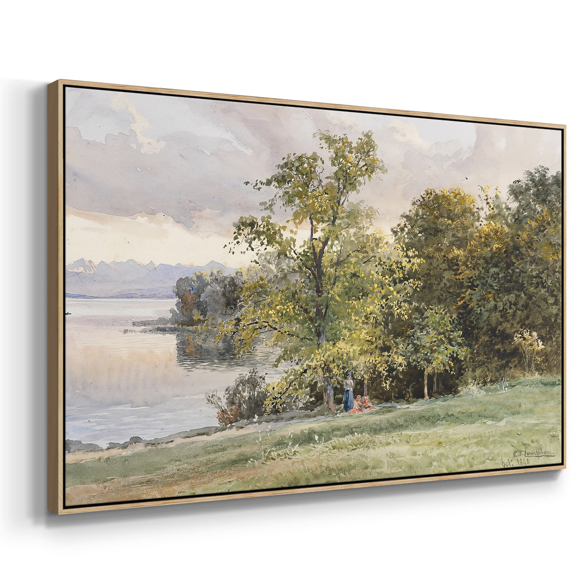 Angled view of Landscape at Lake Starnberg, 1890 by Edward Theodore Compton in a natural wood floater framed canvas.