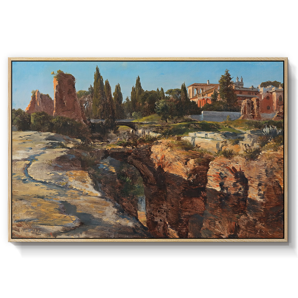 Palatine in Rome, c. 1921 by Edward Theodore Compton in a natural wood floater framed canvas wall art display.