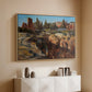Natural wood floater framed canvas of Palatine in Rome, c. 1921 by Edward Theodore Compton, featuring an architectural scene of ancient structures in sunlit environment above a console cabinet in a minimalist entryway.