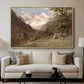 Landscape in the Caucasus, c. 1921 by Edward Theodore Compton displayed in a natural wood floater framed canvas above a sofa in a clean living room.