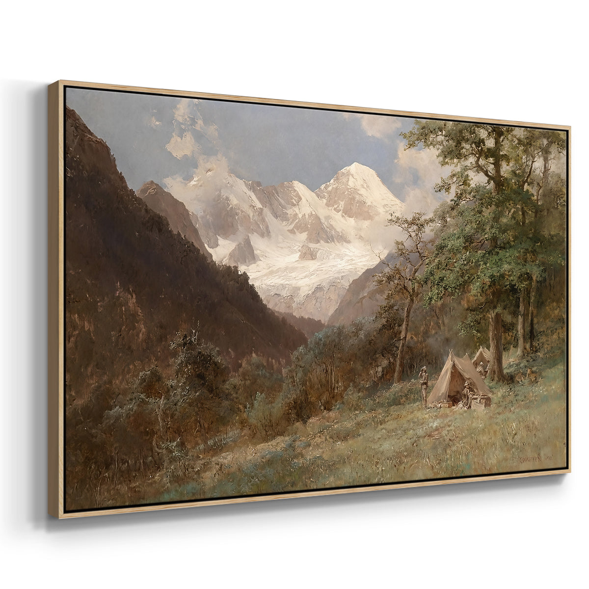 Angled view of Landscape in the Caucasus, c. 1921 by Edward Theodore Compton in a natural wood floater framed canvas.