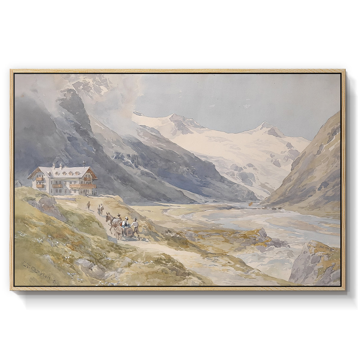 Shepherds (Pasterze), c. 1921 by Edward Theodore Compton in a natural wood floater framed canvas wall art display.