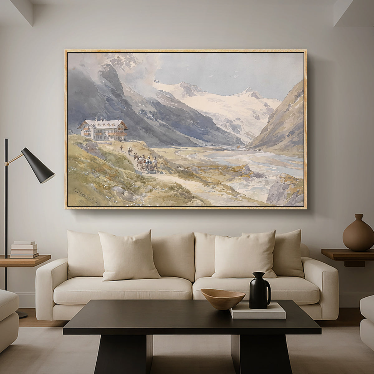 Shepherds (Pasterze), c. 1921 by Edward Theodore Compton as a natural wood floater framed canvas featuring a small group of shepherds in alpine landscape with grazing animals, displayed above a sofa in a modern living room.