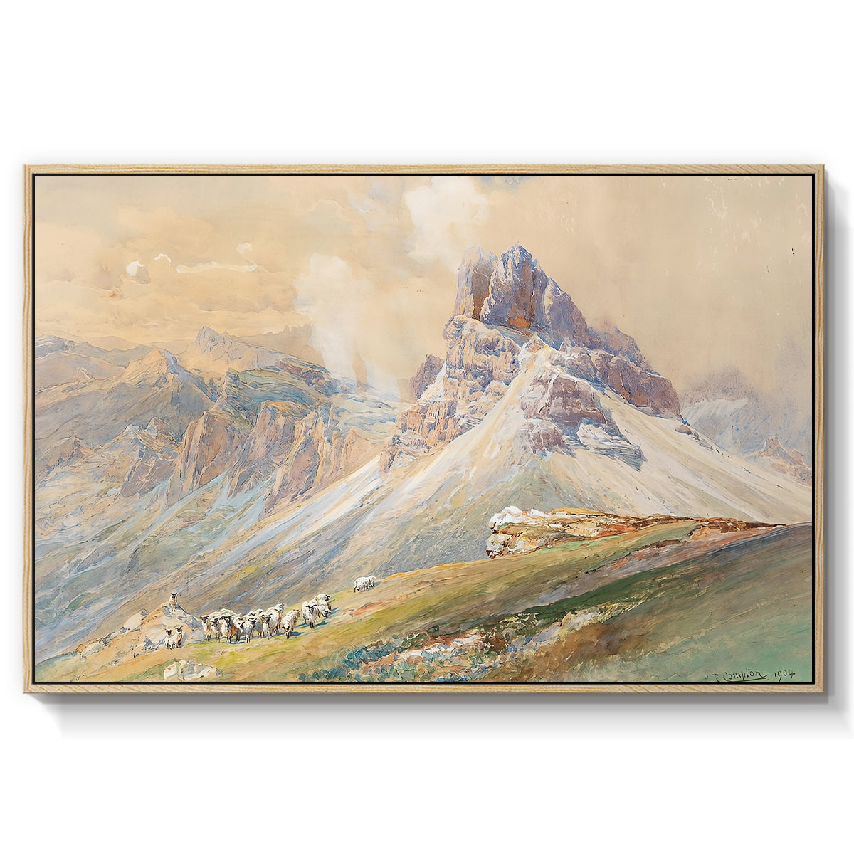 From the Dolomites, 1904 by Edward Theodore Compton in a natural wood floater framed canvas wall art display.