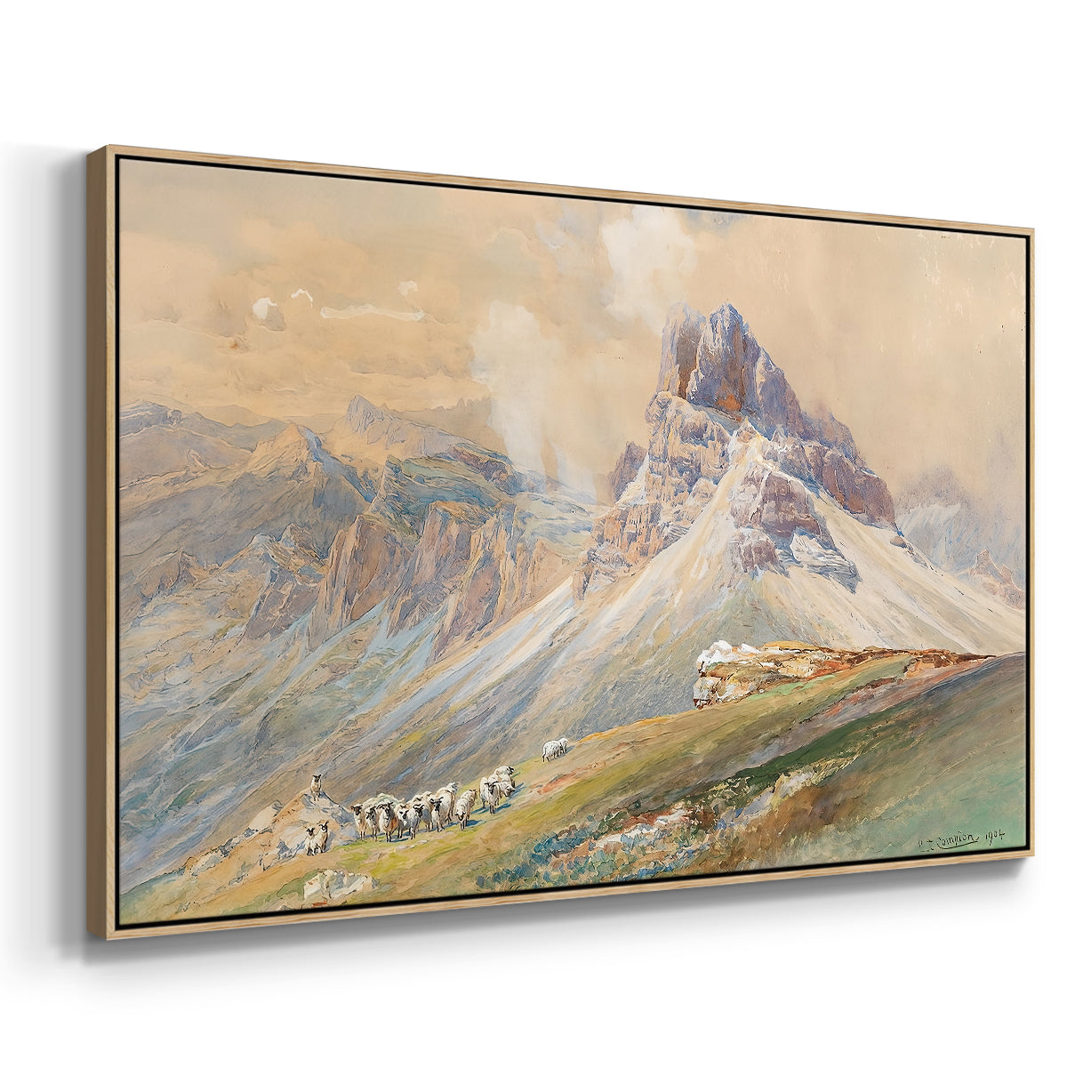 Angled view of From the Dolomites, 1904 by Edward Theodore Compton in a natural wood floater framed canvas.