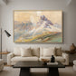 From the Dolomites, 1904 by Edward Theodore Compton as a natural wood floater framed canvas featuring dramatic Dolomite mountain peaks rising above rugged terrain, displayed above a sofa in a modern living room.
