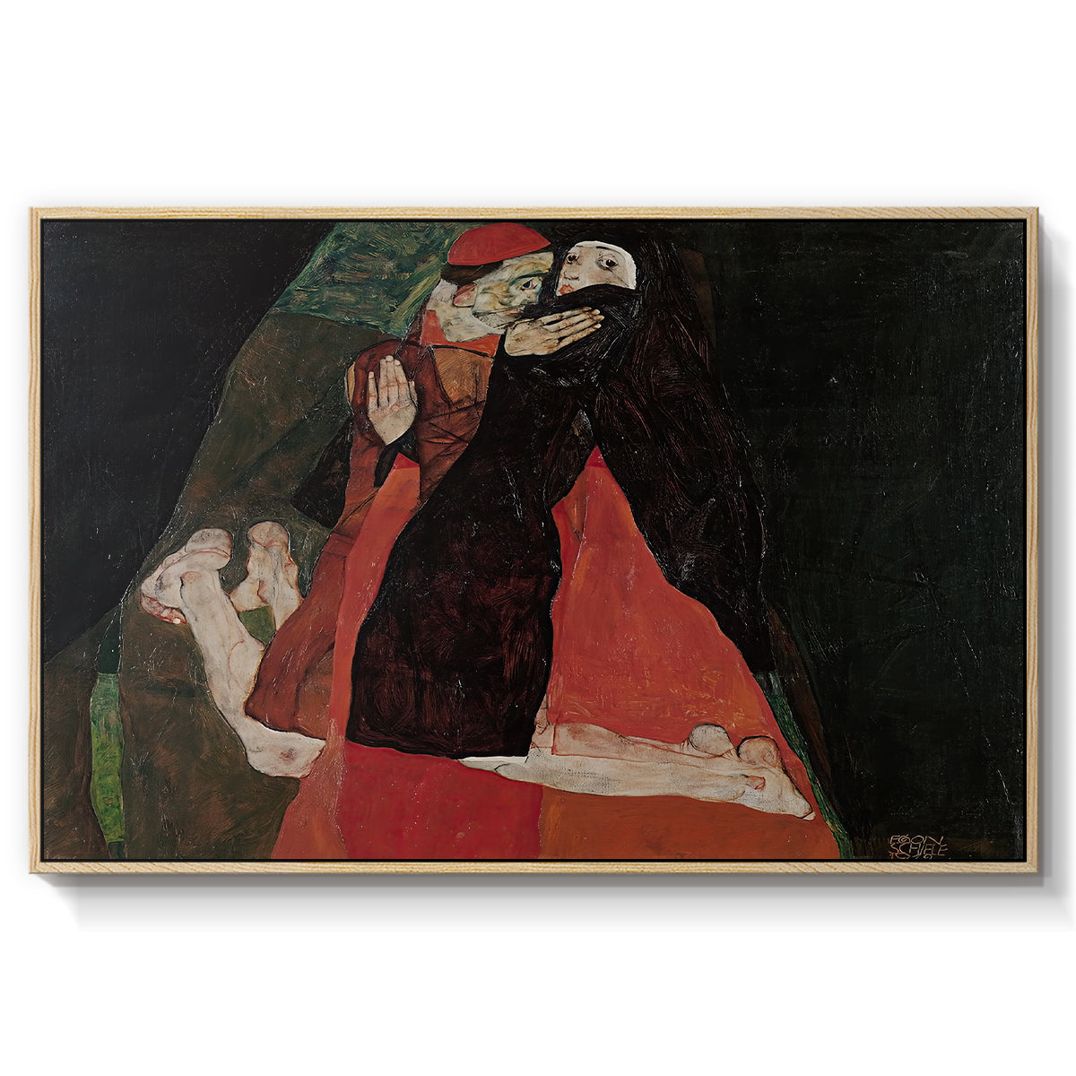 Cardinal and Nun (Caress), 1912 by Egon Schiele in a natural wood floater framed canvas wall art display.