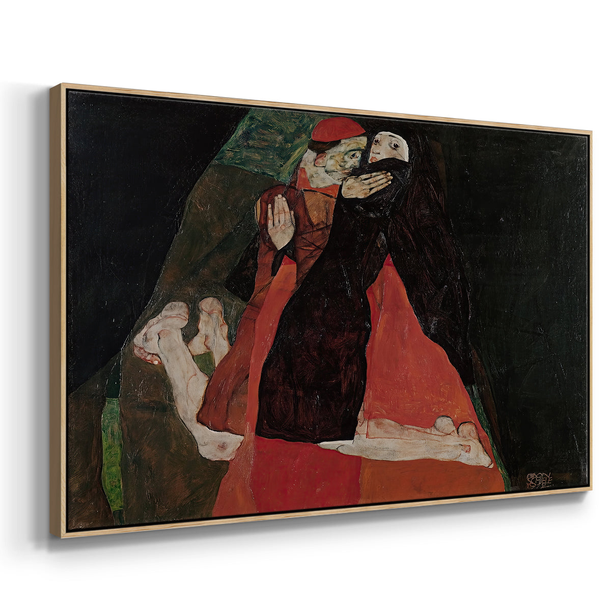 Angled view of Cardinal and Nun (Caress), 1912 by Egon Schiele in a natural wood floater framed canvas.