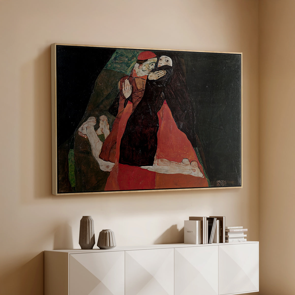 Natural wood floater framed canvas of Cardinal and Nun (Caress), 1912 by Egon Schiele, featuring a cardinal and nun depicted in close emotional interaction above a console cabinet in a minimalist entryway.