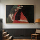 Natural wood floater framed canvas featuring an intimate scene with religious figures in modernist style, displayed in a hallway near a staircase.