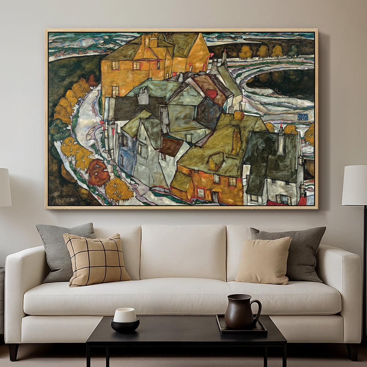 Crescent of Houses II (Island Town), 1915 by Egon Schiele displayed in a natural wood floater framed canvas above a sofa in a clean living room.