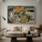 Crescent of Houses II (Island Town), 1915 by Egon Schiele as a natural wood floater framed canvas featuring a curved row of colorful houses forming crescent shape along water, displayed above a sofa in a modern living room.