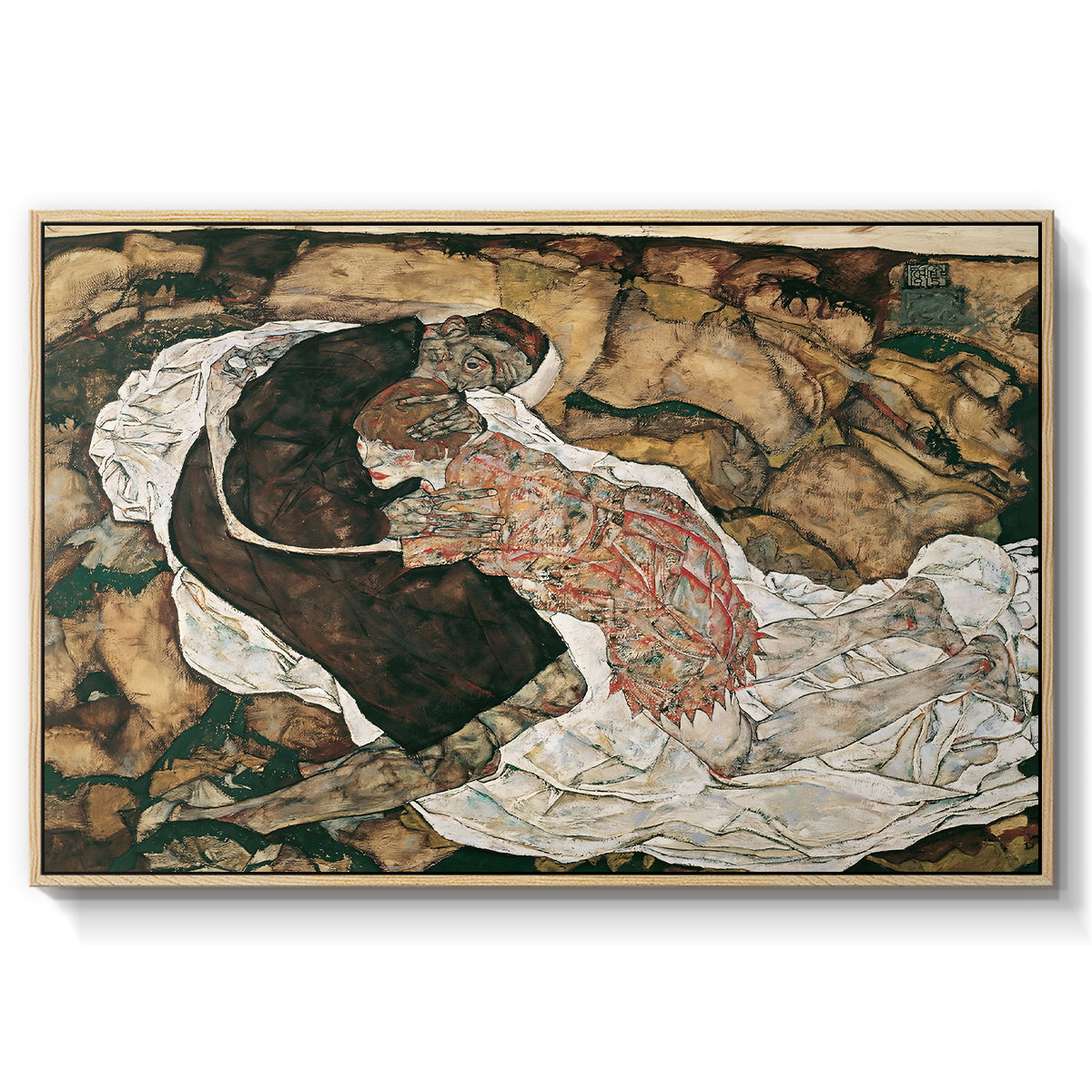 Death and the Maiden, 1915 by Egon Schiele in a natural wood floater framed canvas wall art display.