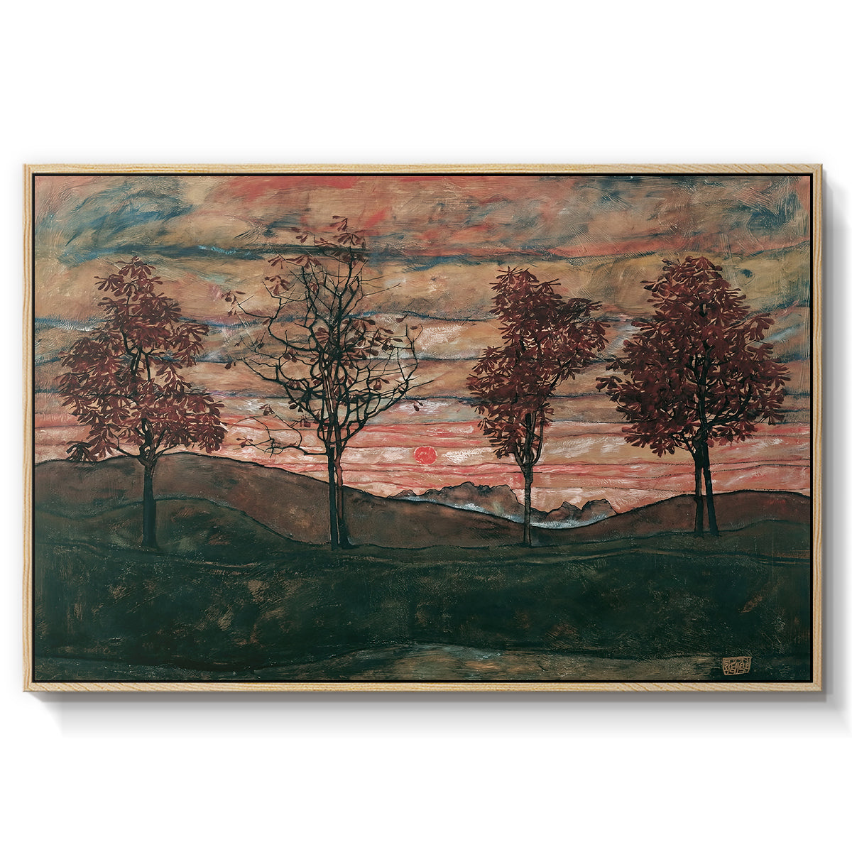 Four Trees, 1917 by Egon Schiele in a natural wood floater framed canvas wall art display.