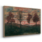 Angled view of Four Trees, 1917 by Egon Schiele in a natural wood floater framed canvas.