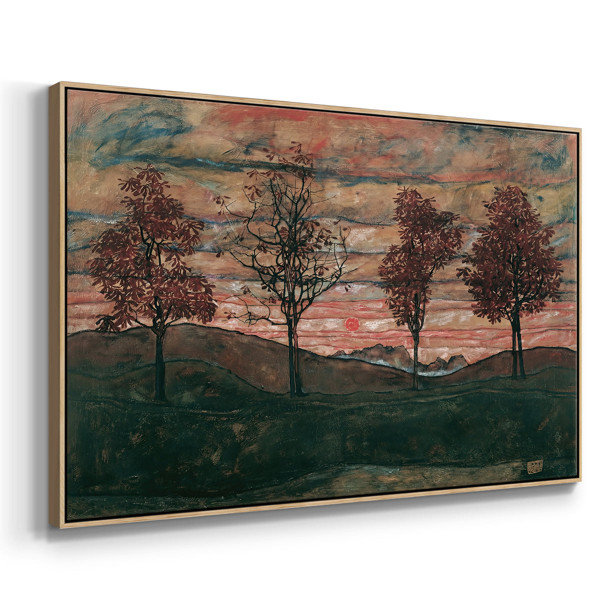 Angled view of Four Trees, 1917 by Egon Schiele in a natural wood floater framed canvas.