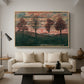 Four Trees, 1917 by Egon Schiele as a natural wood floater framed canvas featuring four trees standing in open landscape against colorful sky, displayed above a sofa in a modern living room.