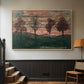 Natural wood floater framed canvas featuring an expressionist landscape featuring isolated trees in field, displayed in a hallway near a staircase.