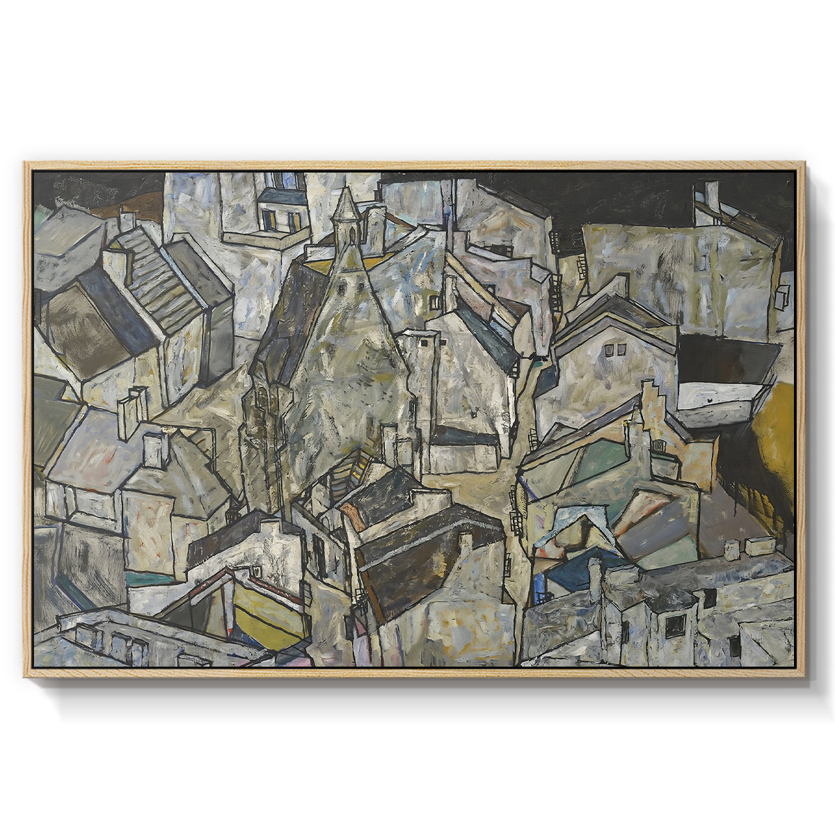Mödling II, 1918 by Egon Schiele in a natural wood floater framed canvas wall art display.