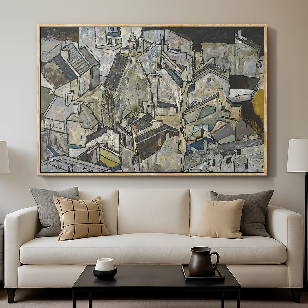 Mödling II, 1918 by Egon Schiele displayed in a natural wood floater framed canvas above a sofa in a clean living room.