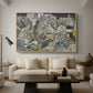 Mödling II, 1918 by Egon Schiele as a natural wood floater framed canvas featuring clustered geometric houses forming dense urban landscape with sharp angles, displayed above a sofa in a modern living room.
