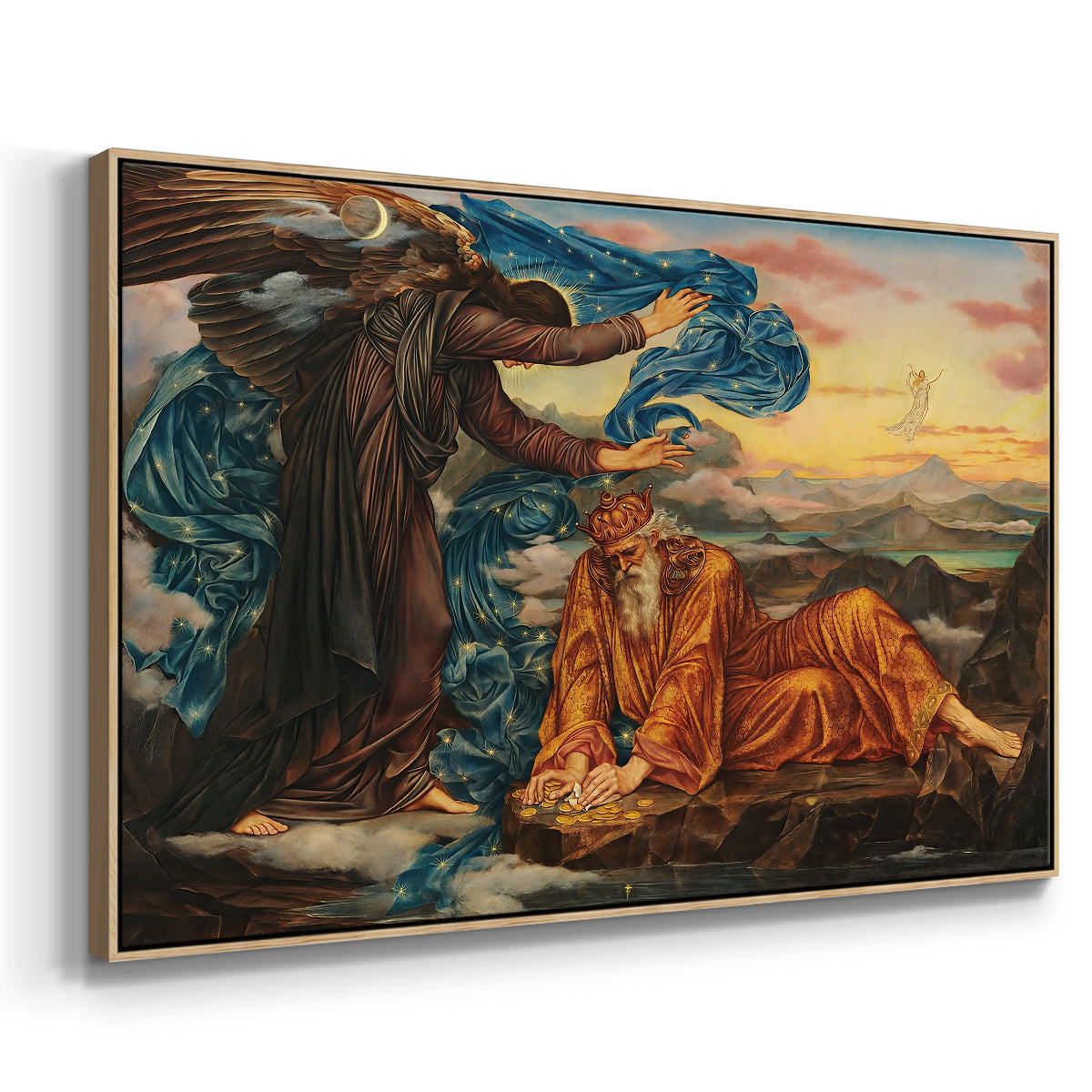 Angled view of Earthbound, 1897 by Evelyn De Morgan in a natural wood floater framed canvas.