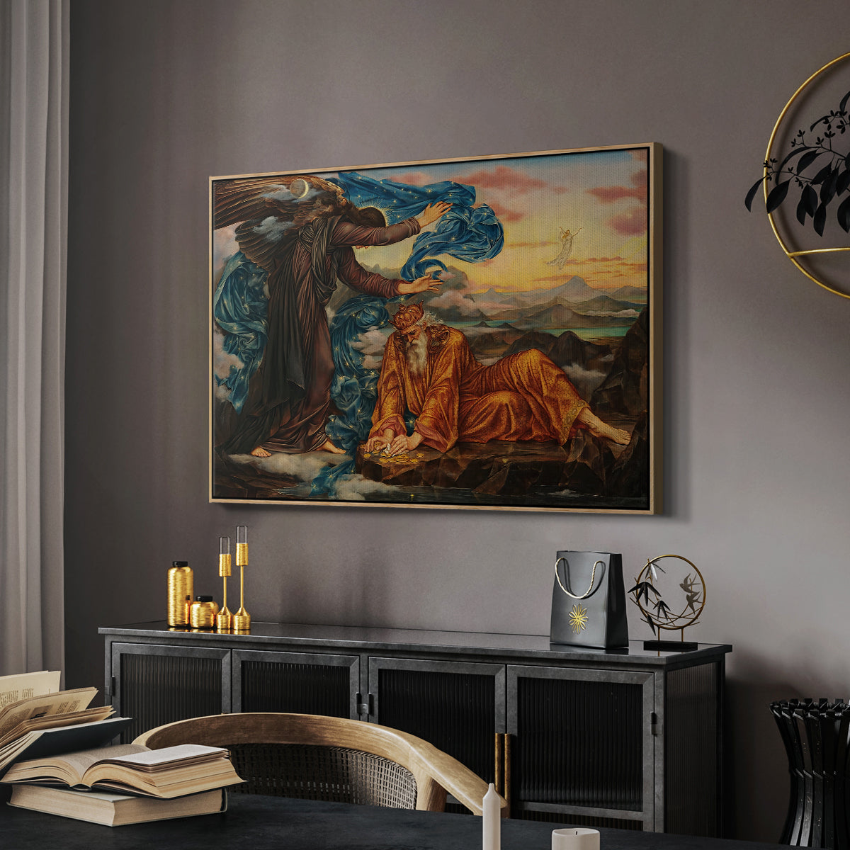 Earthbound, 1897 by Evelyn De Morgan in a natural wood floater framed canvas featuring a symbolic composition exploring human form and spiritual themes, displayed above a desk in a dark home office interior.